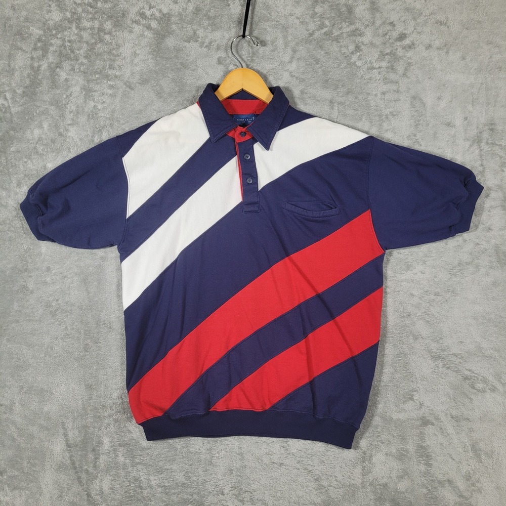 Vintage Towncraft Polo Shirt Mens L Blue Red White Colorblock Diagonal Stripe